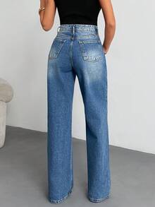 EURMUSE 高腰水洗斜插口袋休闲直筒牛仔裤 - 中等水洗藍 - 查看 3