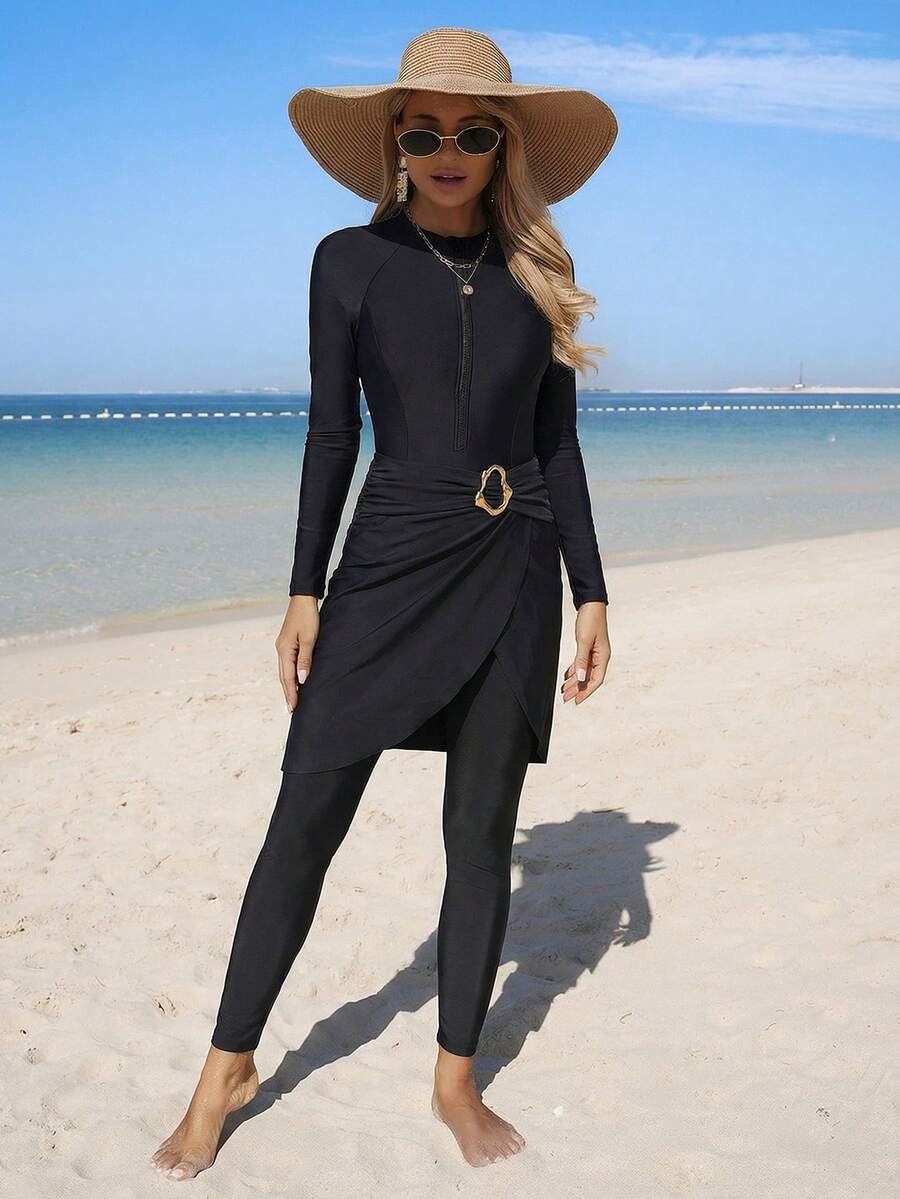 Swim Mulvari 2026 New Women's Swimwear ArrivalFor School,Suitable For Holiday, Date, Afternoon Tea, Western, Cruise, Beach, Island, Road Trip, All Seasons, Music Festival, Boho Vacation,Bohemian Vacation, Chill Autumn ,Western Boho ,Elegant Tops For Women Women's Mandarin Collar Raglan Sleeve Fitted Summer Beach Tankini - Multicolor - View 1