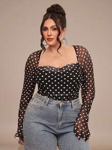 SHEIN BAE 大码波点印花网纱拼接方领长袖连体衣 - 黑與白 - 查看 6