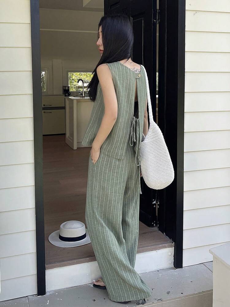Women's Striped Crew Neck Sleeveless Top And Wide Leg Pants Set, Suitable For Study And Daily Wear Summer