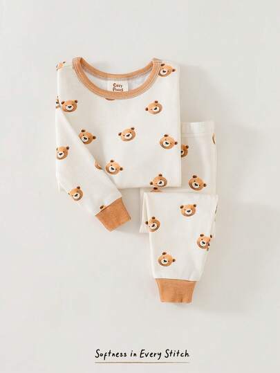 Cozy Pixies 男婴卡通熊印花柔软针织圆领长袖上衣和松紧腰长裤两件套贴身睡衣套装