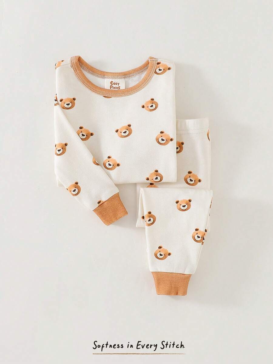 Cozy Pixies 男婴卡通熊印花柔软针织圆领长袖上衣和松紧腰长裤两件套贴身睡衣套装 - 杏色 - 查看 1
