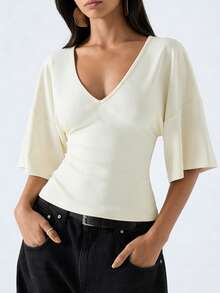 LYSMO 2026新款女士简约纯色喇叭袖衬衫，通勤/圣诞节/新年/感恩节/毕业典礼等场合百搭，优雅时尚，休闲舒适居家服，深V领设计，无花果色 - 彩色 - 查看 5