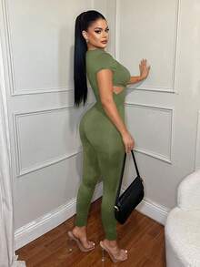 SHEIN SXY Blue Hollow-Out Sexy Bodycon Jumpsuit, Spring/Summer - Army Green - View 2