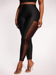 SHEIN SXY Plus Size Women Black Summer Girlism Gym Leggings,Mesh Patchwork Elastic Waist Yoga Tights With Pockets, Fashionable Casual Street Style Pants - Black - View 5