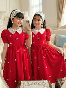 SHEIN 少女优雅红色撞色彼得潘领串珠短袖中长连衣裙 - 紅色 - 查看 3