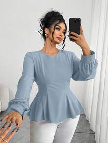 Elenzga Áo kiểu nữ cỡ lớn thanh lịch cổ tròn tay dài xếp ly - Màu xanh lam - Xem 1