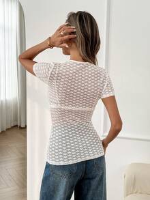 Easowa Crew Neck Heart Textured Jacquard Mesh Fabric Casual Commute Elegant Slim Fit Women Top - Black - View 6