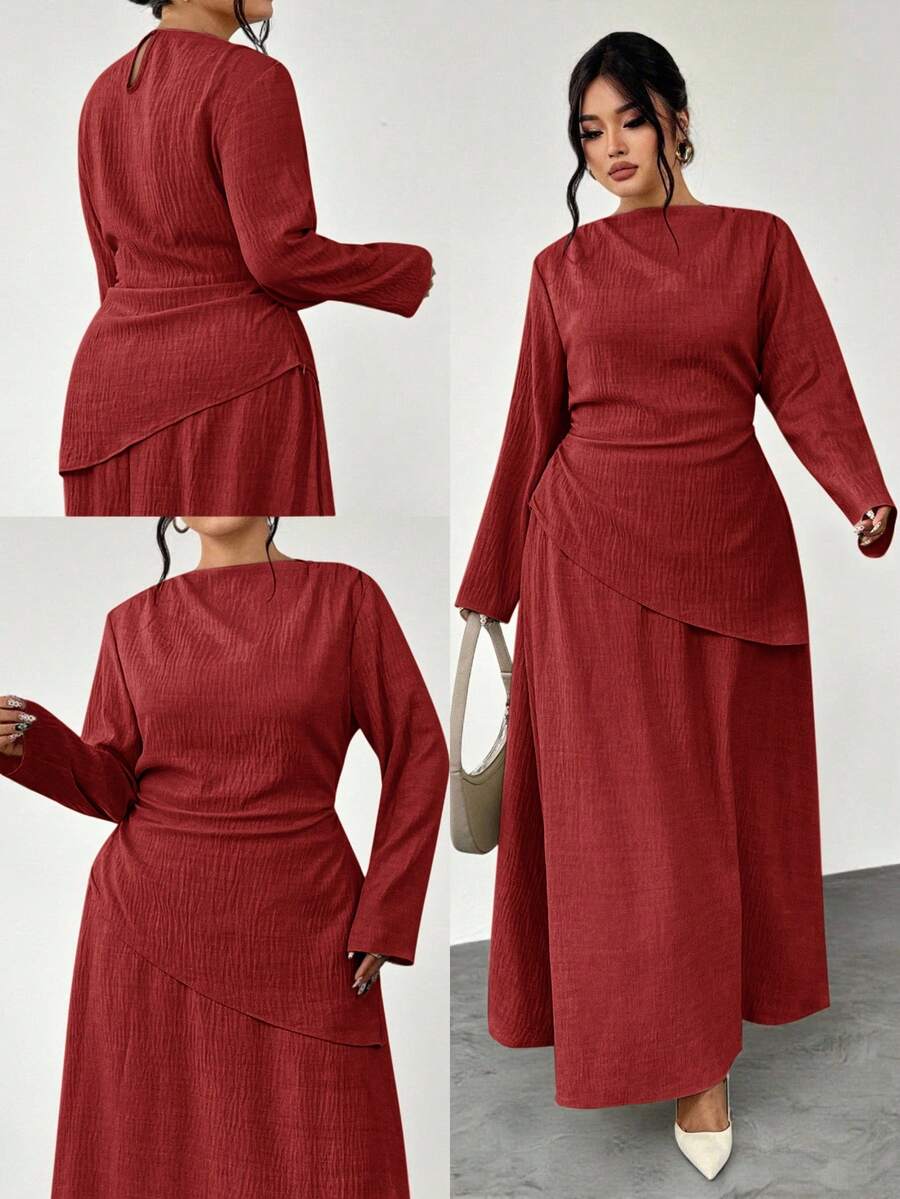 Firerie 大码春夏秋冬优雅休闲办公两件套：长袖不对称褶皱腰身修身衬衫 + 常规A字裙 - 酒紅色 - 查看 1