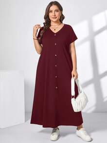 SHEIN Essnce 大码女装春夏时尚休闲宽松舒适日常短袖黑色V领口袋长裙，适合夏季穿着，也适合女士出席教会活动、展现优雅气质、教师着装以及机场出行。 - 玫瑰紅 - 查看 2