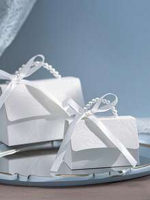 10个/2个装 - 仿珍珠装饰礼品袋，简约派对包装袋，珍珠手柄装饰纸质礼品盒，精致纯白礼品包装盒，适用于情人节、婚礼礼物，凸版印刷花朵迷你包装袋纸盒礼品套装盒小礼品袋婚礼赠品派对装饰，母亲节礼品盒 - 白色 - 查看 2