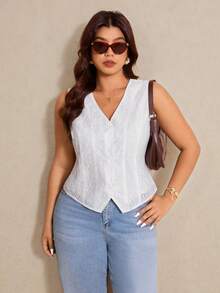 Elaquor 大码女式白色刺绣休闲度假衬衫，春夏商务休闲上衣，春夏度假上衣 - 白色 - 查看 3