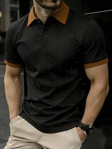 Manfinity Mode Men's Contrast Color Short Sleeve Casual Commuter Polo Shirt - Black - View 3