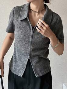 女士休闲前拉链短袖T恤，夏季 - 灰色 - 查看 4