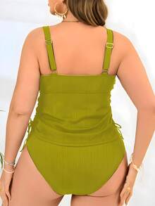 Swim Lushoire Bộ đồ bơi tankini 2 mảnh màu trơn cỡ lớn, áo hai dây bản rộng, quần có dây rút, đồ bơi xếp ly tối giản phong cách thường ngày dành cho người trưởng thành cỡ lớn. - Màu vàng - Xem 2