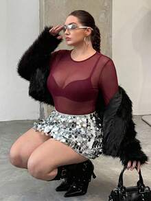 GalTyme Mono de manga larga transparente de malla para mujer de talla grande, blusas para salir, atuendos de rave y festivales, ropa de primavera y verano - Burdeos - Ver 5