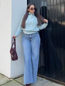 NegzBox 女裝寬鬆V字低腰寬腿牛仔褲帶口袋 - 中等水洗藍 - 查看 6