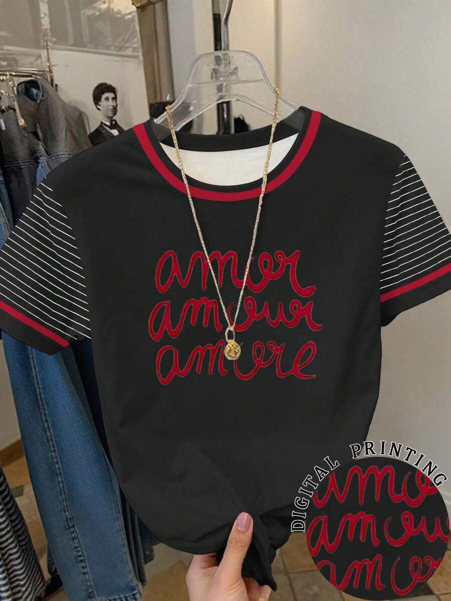 Resyla Women's Casual Round Neck Letter & Striped Print Short Sleeve T-Shirt - Black - View 1