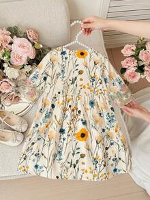 SHEIN Baby Girl Floral Pattern Ribbon Trim V-Neck Cute Dress - Chocolate Brown - View 2