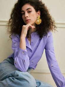 Écloséra Women's Elegant Blouses, Commuter Blouses, French Style Blouses, Casual Blouses, Light Purple Blouses, Embroidered Blouses, Patterned Blouses, V-Neck Blouses, Puff-Sleeved Blouses, Spring Blouses, Summer Blouses, Versatile Blouses, Ruffle Blouses. - Mauve Purple - View 1