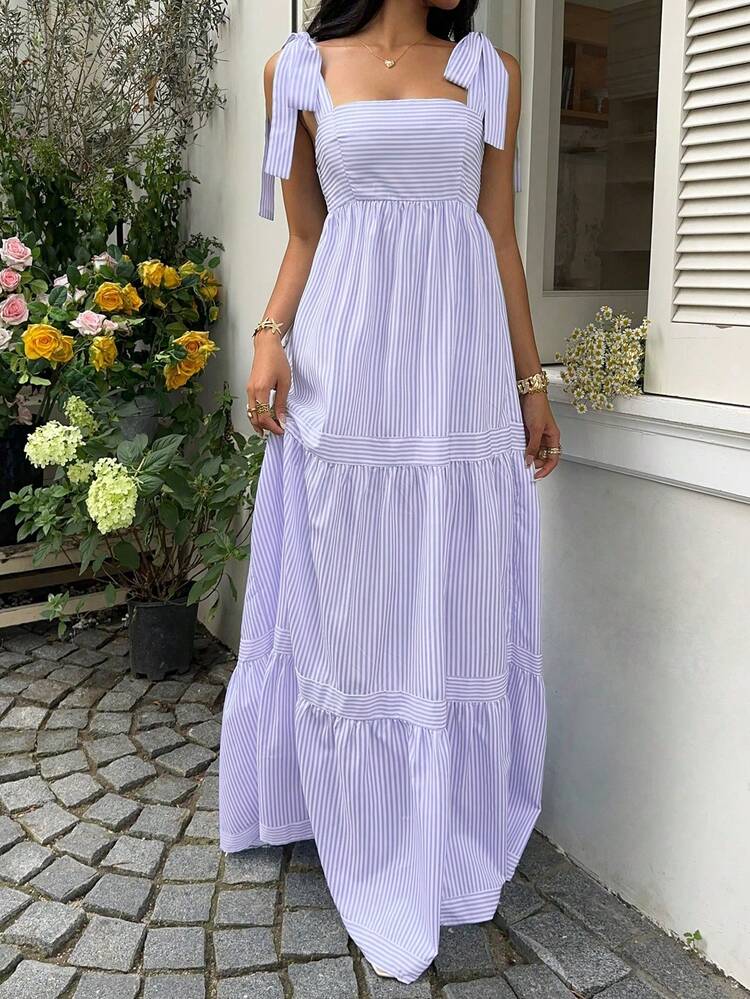 Sunnyshic Vestido maxi acampanado con espalda abierta y lazada, cuello cuadrado a rayas azules, cintura alta y sin mangas, para primavera/verano y resort - Azul y blanco - Añade 6