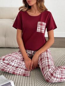 SHEIN Sweetheart Plaid Cotton PJ Set – Cozy Short Sleeve Lounge Essential - Red - View 5
