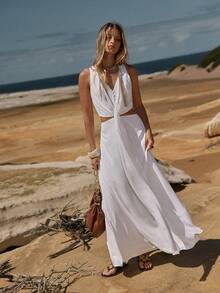 MOTF STUDIO VESTIDO CORTO DE GASA CON CINTURÓN DE AMARRE PARA MUJER, PRIMAVERA/VERANO - Blanco - Ver 4