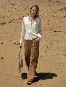 MOTF STUDIO 女士褶皱雪纺二合一荷叶边袖系带衬衫 - 杏色 - 查看 4