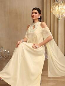 Al Najma Elegant Hollow Sleeve Flared Dress With Stand Collar, Spring/Summer - Yellow - View 8