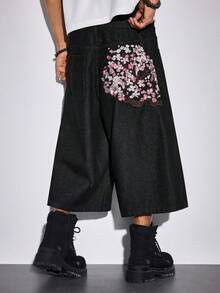 ROMWE MEN Street Life Bermudas casuales de mezclilla con bordado de sakura en el bolsillo para hombre - Azul - Ver 1