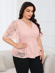 Modelyn Áo kiểu dáng thanh lịch tay ngắn, cổ chữ V, cài cúc phía trước, màu trơn, phối ren, cỡ lớn. - Hồng - Xem 4