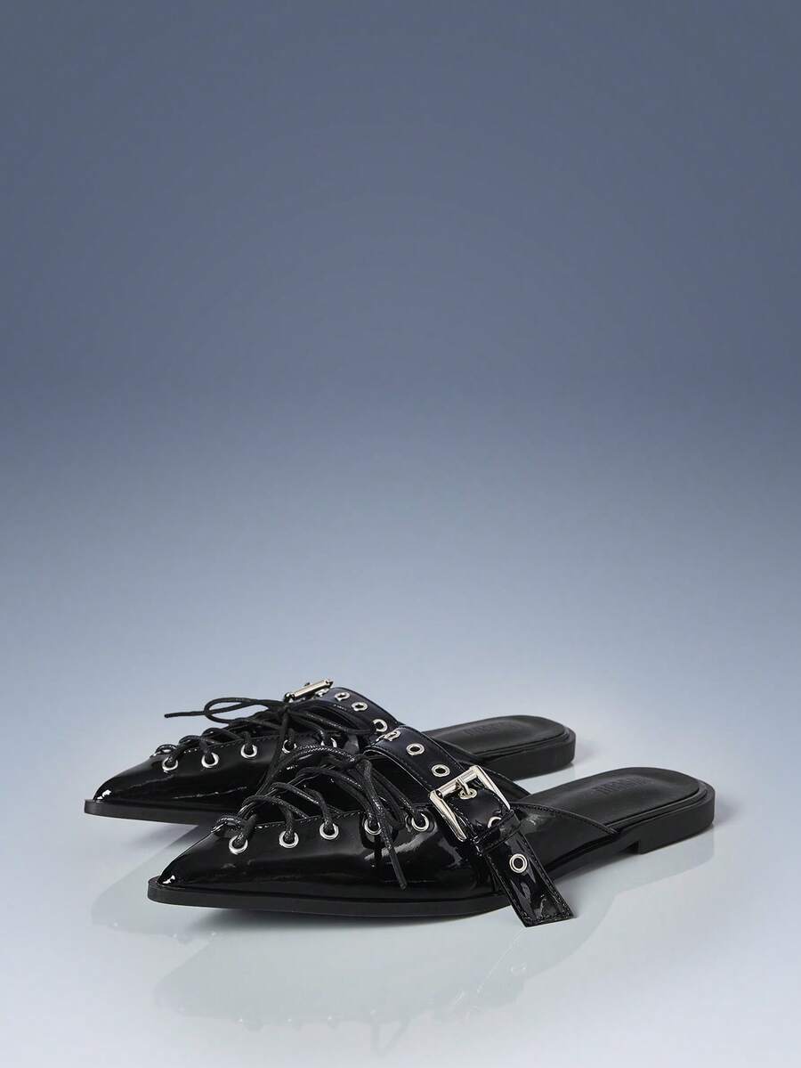 CUCCOO GRLICON Zapatos planos con puntera puntiaguda y decoración de remaches para mujer - Negro - Ver 1