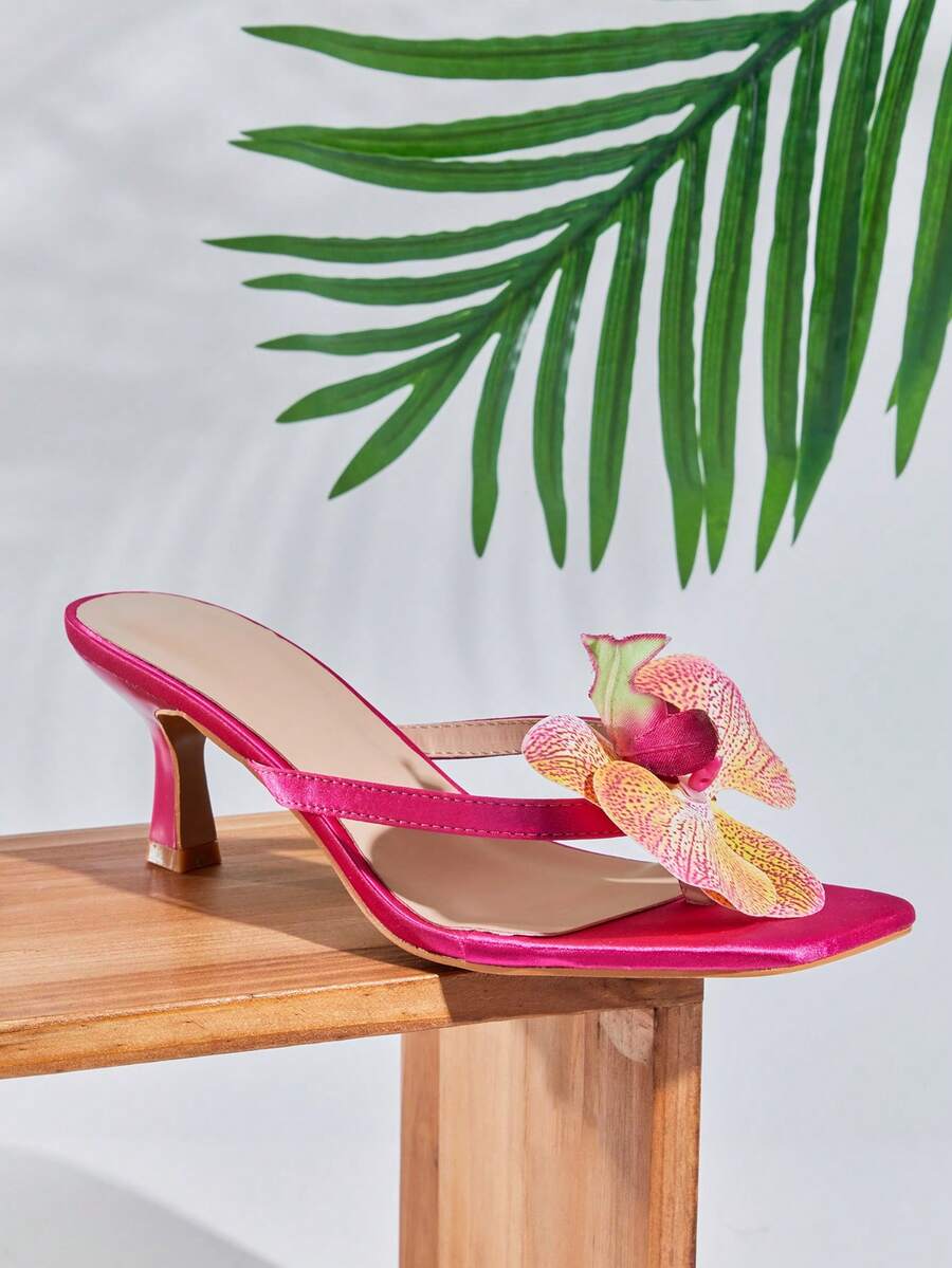 SHUZIA Sandal xỏ ngón nữ mũi vuông gót thấp họa tiết hoa lan màu hồng cánh sen bằng satin – Phong cách kỳ lạ, mộng mơ và sang trọng cho ngày Valentine. - Màu Hồng Tươi - Xem 1
