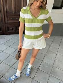 Pariaura Contrast Stripe Polo Collar Knit Top, French Street Style, Short Sleeve Summer Blouse - Olive Green - View 6