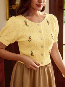 Vintamour 女士刺绣圆领短袖休闲针织开衫 - 黃色 - 查看 6