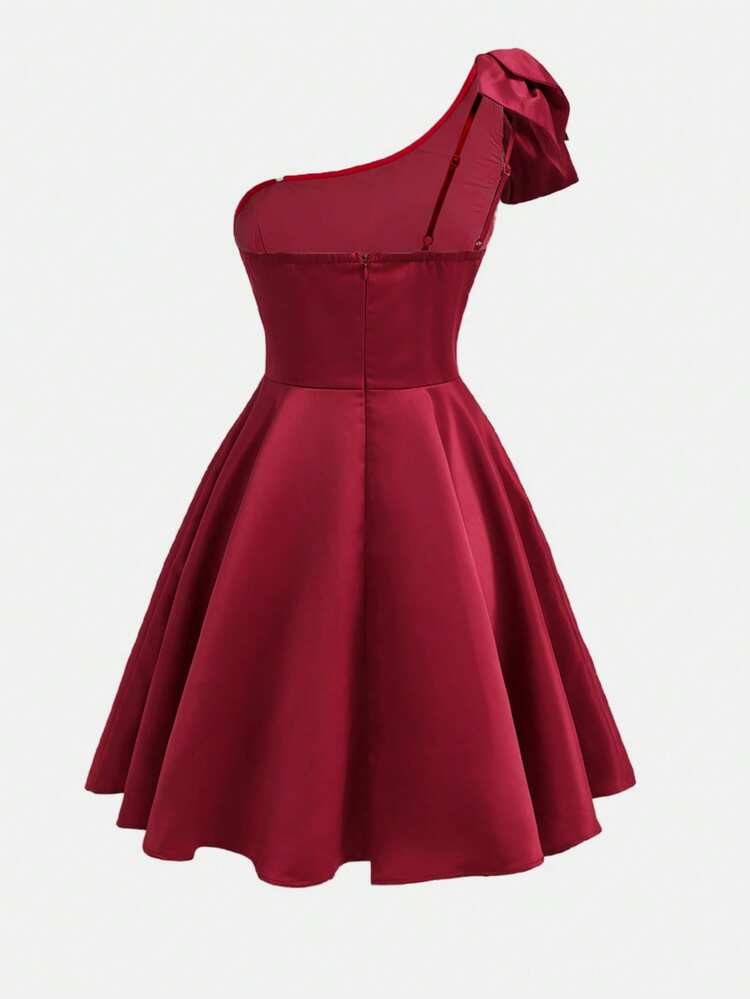 Teen Girl's Elegant Luxurious Red 3D Bowknot Beaded Waist Flared Midi Dress, Suitable For Parties, Galas, Short Formal Dress, Red Dress, Valentine's Day, Teen Elegant Dress, Teen Banquet Dress, Burgundy Young Girls Formal Dress,Kids - Red - View 6