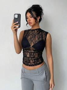 Aloruh Black Lace Asymmetric Neck Sheer Top, Music Festival Party Blouse, Summer Women Clothing, Easter/Concert Music Festival Holiday - Black - View 3