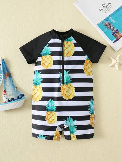 SHEIN Unisex Baby/Toddler Pineapple Print Color Block One-Piece Swimsuit, Suitable For Beach, Swimming, Vacation