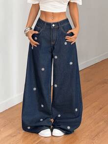 Muchica Women's Dark Blue Jeans, Low-Rise Straight Leg, Daisy Embroidery, Loose Wide-Leg Style, Y2K Style, Casual Summer Outfit. - Blue - View 1