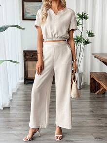 EMERY ROSE 夏季优雅新款纯色圆领V领宽松落肩短袖女式短袖衬衫+阔腿裤女士休闲套装，适合通勤女士两件套 - 杏色 - 查看 3