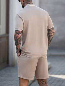 Manfinity Homme 男士提花罗纹领短袖休闲Polo衫套装 - 卡其色 - 查看 2