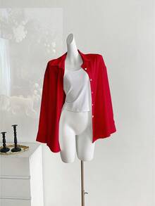 Resyla Áo sơ mi nữ cỡ lớn tay dài màu trơn cài một hàng khuy, kiểu dáng thường ngày/công sở - Nhiều màu - Xem 5