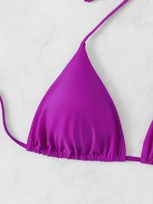 Slaydiva Top de bikini de triángulo con nudo de amarre en el cuello, unicolor, talla grande - Morado - Ver 5