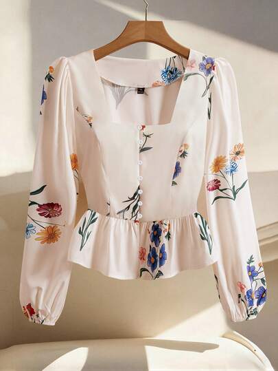 GlowEve CURVE Plus Size Women Square Neck Elegant Casual Everyday Commute Date Fitted Long Sleeve Blouse