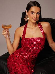 Silquee Đầm dạ hội thanh lịch, lấp lánh, ôm sát, có dây đeo đính sequin. - Đỏ - Xem 5