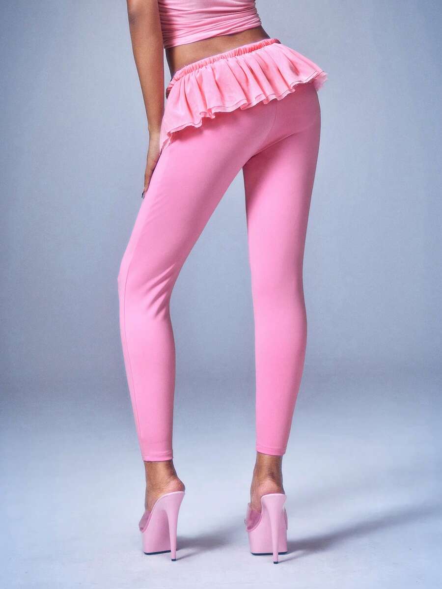 Y2Kool BiGraphic Y2K Girly Pink Mesh Ruffle Low Waist Skinny Leggings, Suitable For Spring/Summer Parties, Holidays, Valentine's Day, Casual Dopamine Outfits - Pink - View 1