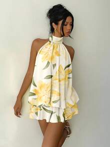 Aloruh 女士休闲露背迷你连衣裙，夏威夷花卉印花，度假连衣裙，夏季连衣裙，适合海滩穿着 - 彩色 - 查看 7