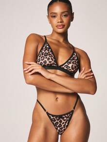 MISSGUIDED Leopard Print Triangle Bralette With Matching Thong Lingerie Set Black Trim - Brown - View 4
