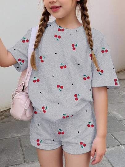 可爱迷你爱心樱桃印花，少女休闲简约短袖短裤两件套，适合夏季、返校季、2000年代风格、韩版风格、秋季、返校节、冬季、朋克风、条纹、舒适休闲、时尚童装、嬉皮风音乐节、BM、复古甜美美式高中风格