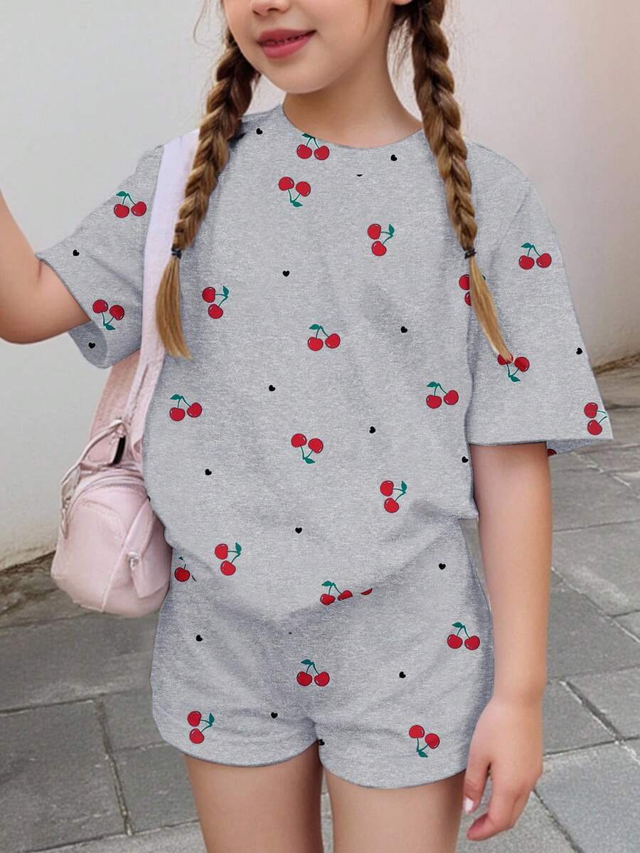 可爱迷你爱心樱桃印花，少女休闲简约短袖短裤两件套，适合夏季、返校季、2000年代风格、韩版风格、秋季、返校节、冬季、朋克风、条纹、舒适休闲、时尚童装、嬉皮风音乐节、BM、复古甜美美式高中风格 - 彩色 - 查看 1